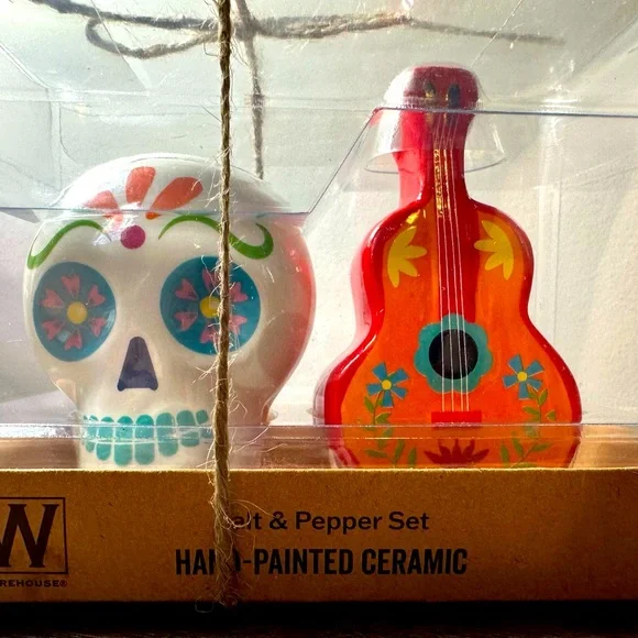 Hand Painted Ceramic Skull and Guitar Salt & Pepper Shaker Gift Set - Picture 2 of 5